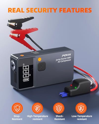 Car Battery Jump Starter with Air Compressor,8000mAh Battery Jump Box with Tire Inflator,Jump Booster with Smart Jumper Cables,LED Light Emergency Kits for Vehicles,Arrancador Ae Batería