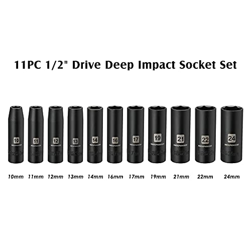 MIXPOWER 11-Piece 1/2-Inch Drive Deep Impact Socket Set, CR-V, Metric, 6 Point, Deep, 10-24mm - size: 10.0 mm - 24.0 mm (Deep, 11PCS)
