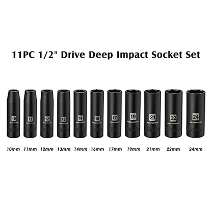 MIXPOWER 11-Piece 1/2-Inch Drive Deep Impact Socket Set, CR-V, Metric, 6 Point, Deep, 10-24mm - size: 10.0 mm - 24.0 mm (Deep, 11PCS)