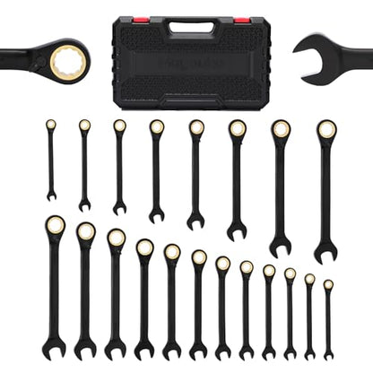 Mayouko 20PCS Reversible Ratcheting Combination Wrench Set, SAE 5/16"-3/4" & Metric 8-19mm, 12 Point, 72 Tooth, Cr-V Steel with Black Chrome Finish