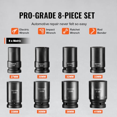 VEVOR 1" Drive Impact Socket Set, 8 Piece Deep Socket Set Metric 27-41mm, 6 Point Cr-Mo Alloy Steel for Auto Repair, Easy-to-Read Size Markings, Rugged Construction, Includes Storage Case - style: 1" 8PCS CR-MO