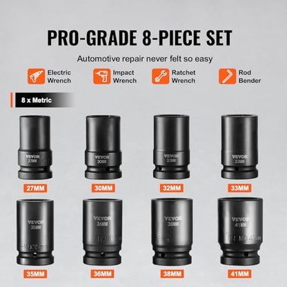 VEVOR 1" Drive Impact Socket Set, 8 Piece Deep Socket Set Metric 27-41mm, 6 Point Cr-Mo Alloy Steel for Auto Repair, Easy-to-Read Size Markings, Rugged Construction, Includes Storage Case - style: 1" 8PCS CR-MO