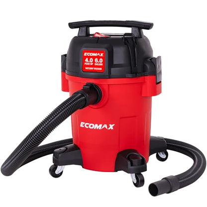 ECOMAX Ultra Quiet Shop Vacuum Wet and Dry 6 Gal 4 HP | 80% Less Noise, 3X Longer Motor Lifespan, Powerful Sunction, Portable Shop Vacuum Cleaner for Garage Workshop Jobsite