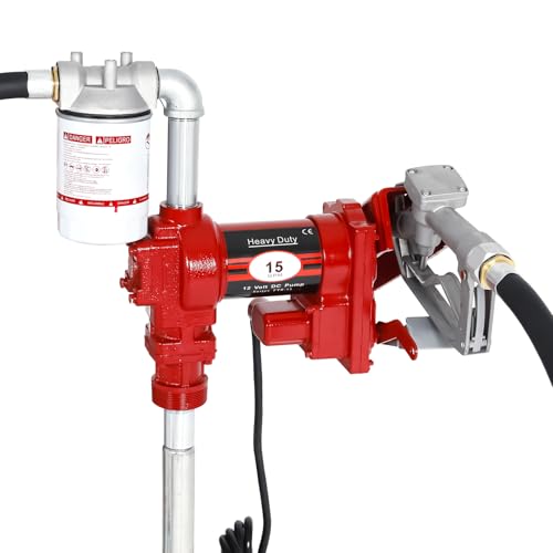 15GPM 12V Fuel Transfer Pump DC Gasoline with Nozzle Kit for Gas Diesel Kerosene Red with Particulate Filter - color: red, size: 15GPM with Particulate Filter