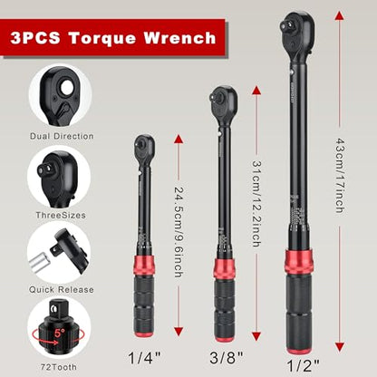 AEROFORCE 1/4 & 3/8 & 1/2-inch Drive Click Torque Wrench, 41Pcs Torque Wrench Set with Sockets and extensions, Hex, Torx, magnetic Spark Plug for Car, Motorcycle, Bike Repair - size: 1/4" & 3/8" & 1/2" (41-Piece), style: 4 - 20 lb-ft & 5 - 45 lb-ft & 15 -