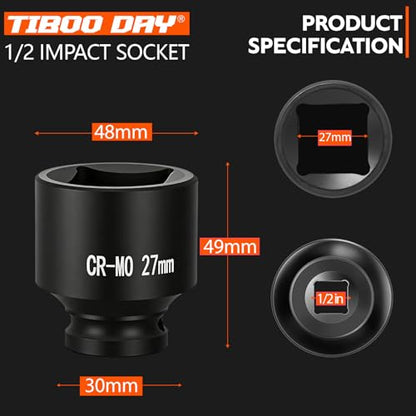 1/2" Drive 27mm Impact Socket Metric Standard Impact Socket Blackening Finish 4 Point Square Socket made with Chrome Molybdenum Alloy Steel for Auto Repair Mechanical Maintenance Removal of Axle Nut - size: 27mm - 4pt, style: 1/2" Drive Standard Socket