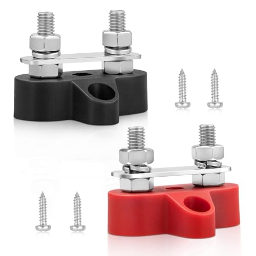 RED WOLF 12V 100A Power Distribution Block 1/4" Dual Stud Busbar M6 Terminal Bus Bar 12 Volt DC Battery Junction Post for Auto Boat Marine Solar System Positive and Negative (2PC) - size: Dual M6 Stud