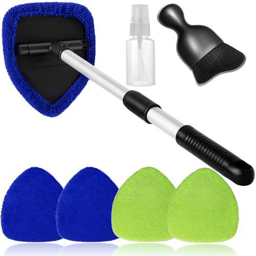 Qydipclin 7pcs Windshield Cleaner Tool Car Window Cleaning Wash Kit with 4 Reusable Microfiber Pads 1 Spray Bottle and Extendable Handle Auto Glass Wiper Kit, Blue&Green - color: Blue & Green