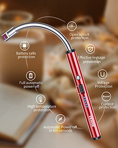 VEHHE Lighter, Rechargeable Candle Lighter Camping Lighters with Safety Switch Flexible Neck LED Battery Display, Arc Long Lighters for Candle Cooking BBQs Fireworks - color: Red