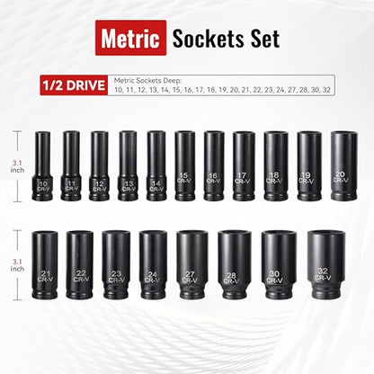 Reniteco 25-Piece 1/2" Drive Socket Set, Metric(10mm-32mm), Deep Sockets, Extension Bars, 1/2" F to 3/8" M Reducer,3/8" F to 1/2" M Reducer, Universal Joint, 6 Point Design, Cr-V - size: 1/2" 25 PCS Metric