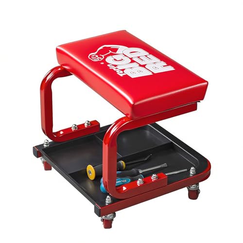 Big RED Rolling Mechanic Stool | 360° swivel casters; 250-lb steel frame; 3-zone tool tray; 14" waterproof padded seat; for garages, auto shops & DIY