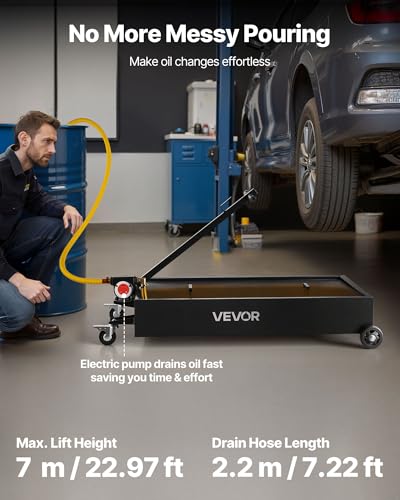 VEVOR Low Profile Oil Drain Pan, 20-Gallon Metal Oil Change Pan, Effective Oil Drain Cart with 180W Electric Pump, Wheels & Folding Handle, Oil Drain Tank for Cars, SUVs, Trucks, Buses, RVs
