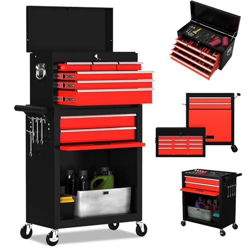 8-Drawer High Capacity Rolling Tool Chest, Removable Cabinet Storage Tool Box with Wheels and Drawers, Detachable Toolbox with Lock for Workshop (Black&red) - color: Black&red