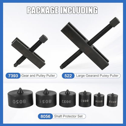 522 7393 8056 Puller and Protector Tools 522 Large Gear and Pulley Puller & 7393 Gear and Pulley Puller & 8056 Shaft Protector Set for Timing Gears, Fan Pulleys