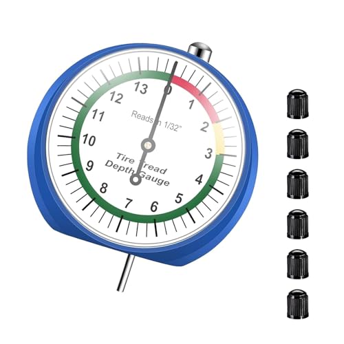 Tire Tread Depth Gauge, Dial Type Tire Depth Gauge Reads in 1/32", Portable Tire Measure Tool Depth with 6 PCS Valve Stem Caps, Universal for Motorcycle, Car, Truck, Bus