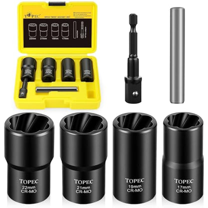 Topec 6PCS Wheel Lock Removal Kit, 1/2-Inch Drive Lug Nut Removal Tool, 17,19,21,22mm Stripped Lug Nut Remover, Extractor Socket Set for Broken, Damaged, Rounded Bolts - size: 6 PCS