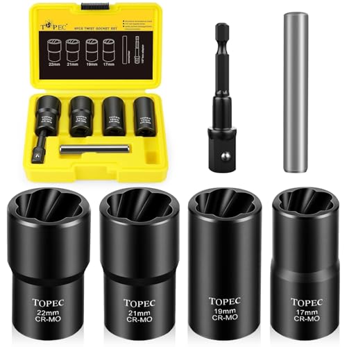 Topec 6PCS Wheel Lock Removal Kit, 1/2-Inch Drive Lug Nut Removal Tool, 17,19,21,22mm Stripped Lug Nut Remover, Extractor Socket Set for Broken, Damaged, Rounded Bolts - size: 6 PCS