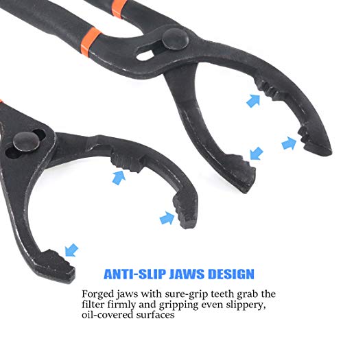 GLARKS 2Pcs 10" and 12" Long Handle Grip Oil Filter Pliers Set Adjustable Angle Hand Oil Filter Wrench for Auto Motorcycle and Trucks Use