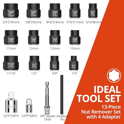 GETLITOOL 17Pcs Impact Bolt Extractor Tool Set, 42CR-MO Impact Bolt & Nut Remover Set with Storage Case, Nut Extractor Socket with Adapter for Car Repair, Machine Maintenance, Tools for Men's Gift