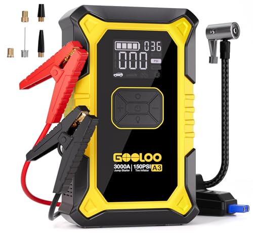 GOOLOO A3 12V 3000A Portable Jump Starter with Air Compressor | 7-in-1: 3000A Lithium Jumper Box - 150 PSI Tire Inflator - USB-A Output - LED Flashlight - Ball / Bike Pump - Pressure Gauge - color: Yellow