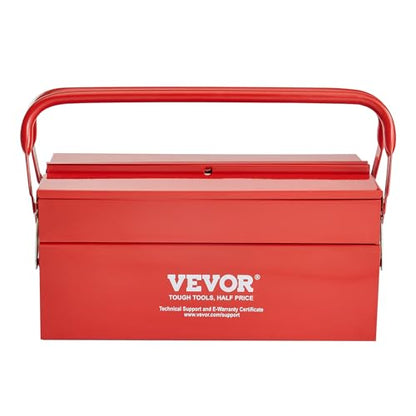 VEVOR Metal Tool Box, 14-inch, 2-Tier 3-Tray Portable Folding Tool Chest Organizer with Handle & Lock Hole, Powder Coated Steel, Cantilever Toolbox for Household Factory Warehouse Repair Shop, Red - style: 2 Tier-3 Tray