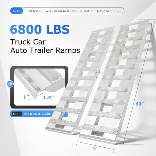 ALMULOO 60" x 15" Aluminum Trailer Ramps 6800 LBS Motorcycle ATV Loading | Ramps Truck Heavy Duty Hook End & Knife Foot