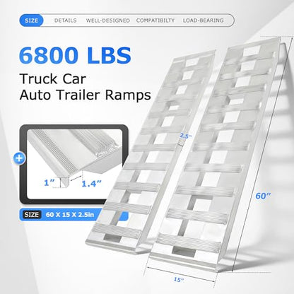 ALMULOO 60" x 15" Aluminum Trailer Ramps 6800 LBS Motorcycle ATV Loading | Ramps Truck Heavy Duty Hook End & Knife Foot