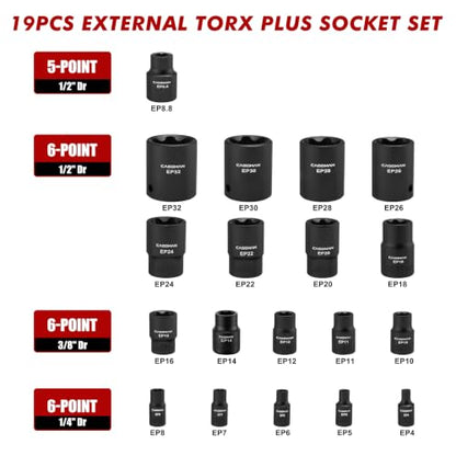 CASOMAN 19PCS External Torx Plus Socket Set, 6 & 5 Point EP Sockets EP4-EP32 with 1/2'', 3/8'' & 1/4'' Dr. EP8.8 Compatible with Tesla, Cr-V Steel - size: 19PCS