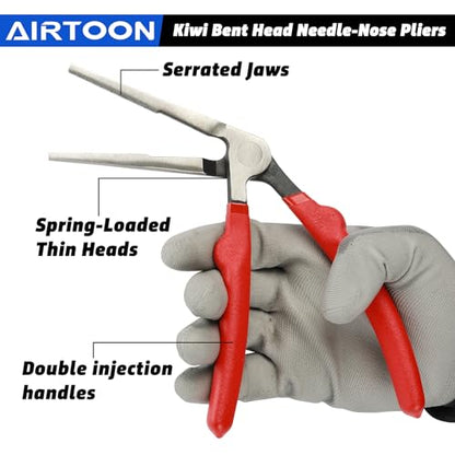 2PC Kiwi Bent Head Needle-Nose Pliers, Angled Head Needle Nose Kiwi Pliers, 6-Inch and 8-Inch, Double Injection Handles, Bent Head Design for Access Tight Spaces