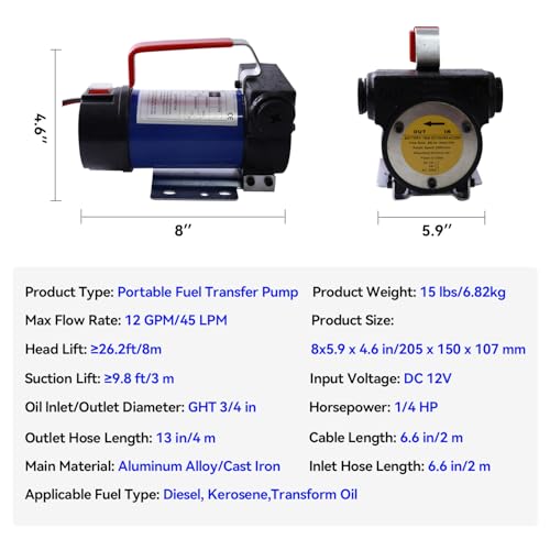 12V 175W Portable Diesel Fuel Transfer Pump, 12 GPM Self-Priming with Manual Nozzle, 6.5ft Suction & 13ft Discharge Hose, 3/4" NPT for Diesel/Kerosene/Machine Oil