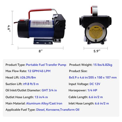 12V 175W Portable Diesel Fuel Transfer Pump, 12 GPM Self-Priming with Manual Nozzle, 6.5ft Suction & 13ft Discharge Hose, 3/4" NPT for Diesel/Kerosene/Machine Oil