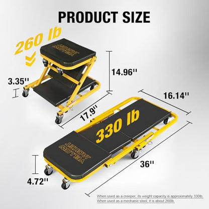 YELLOW JACKET Garage Creeper Seat, 2-in-1 Mechanic Creeper, 36 Inches Foldable Z Garage Seat with 6 PCS Wheels, 330 LBS Capacity Rolling Automotive Creeper Lay Down or Sit for Shop, Auto Repair
