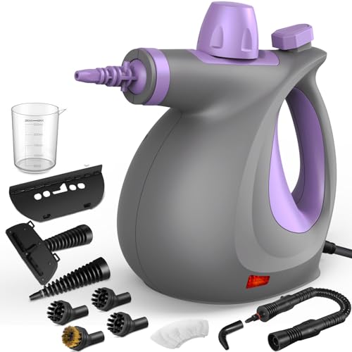 Phueut Pressurized Handheld Multi-Surface Natural Steam Cleaner with 12 pcs Accessories, Multi-Purpose Steamer for Home Use, Steamer for Cleaning Floor, Upholstery, Grout and Car (Purple) - color: Purple