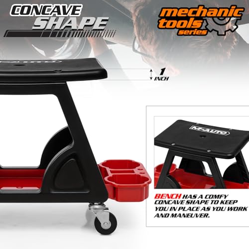 M-AUTO Mechanic Stool Detailing Seat Mobile Rolling Utility Creeper Seat w/Lockable Swivel Wheels, 300LBS Capacity Roller Creeper Seat w/Storage Tool Tray and Drawers, 23" Red