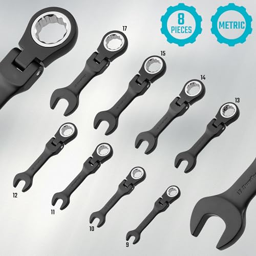 DURATECH Stubby Flex-head Ratcheting Combination Wrench Set, 8-piece, Metric, 9 to 17mm, CR-V Steel, Black Electrophoretic Coating, with Rolling Pouch - size: Metric