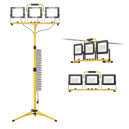 3-Head LED Work Light, 21000LM Adjustable Garage Lights for Mechanics Workshops, Portable Flood Lights Outdoor IP66 Waterproof,16.4FT Cord Stand Tripod Light for Jobsite Construction Renovation
