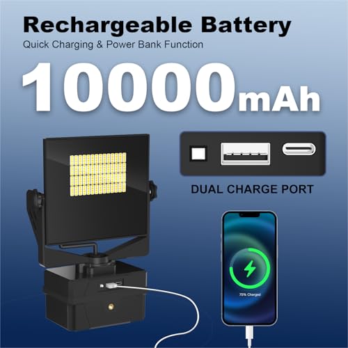 10000mAh Rechargeable Work Light with Stand 5 ft Max Height, Cordless Work Light Dimmable 10000 Lumens Tripod Work Light Construction Essentials Gear Emergency floodlight with Detachable Tripod
