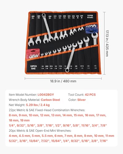 VEVOR Combination Wrench Set, 42-Piece SAE and Metric, 12-Point Box End and 15° Angled Open End Combination Wrenches with Roll Up Pouch, Carbon Steel, for General Household and Automotive Repairs - size: 42PCS (Metric&SAE), style: Regular