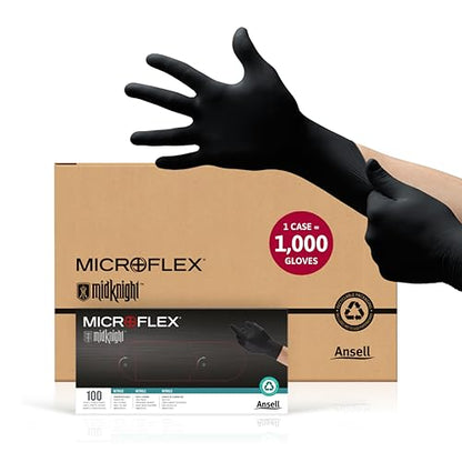 Ansell MICROFLEX MidKnight MK-296 Disposable Nitrile Gloves for Automotive w/Full Texture - Large, Black (Case of 1000) - size: Large (Pack of 1000), style: Thick