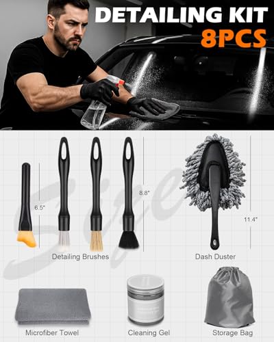 8PCS Car Detailing Brush Set, Interior Car Cleaning Kit with Dash Duster, 4 Detailing Brushes (Soft to Hard), Microfiber Towel, Cleaning Gel, for Vents, Dashboard & Leather Seats - color: Gray