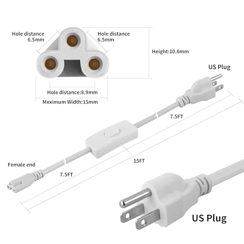 T5 T8 Power Cord with On/Off Switch,15FT Extension Cord,US Plug Tube Light Connector Power Cable,3 Prong Female End T5 T8 LED Lamp Connecting Wire for Garage,Shop,Basement,Barn,Pack of 4