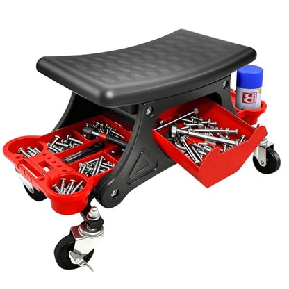 264 LBS Mechanic Stool, Garage Mechanics Seat with Swivel Wheels | Heavy Duty Rolling Mechanics Seat w Three Slide Out Tool Trays and Drawer, For Automotive Auto Repair, Garage Stool