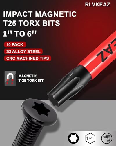 10-PCS T25 Torx Bits for Impact Driver, (1'' to 6'' Long) T-25 Star/Torx Bit Set, Premium Solid S2 Steel, Magnetic High-Torque, 1/4'' Hex-Shank for Auto Repair, Deck Building & DIY Projects - style: 10-PCS T25 Torx Bits 1'' to 6'' Long, T-25 Torx Bit Set