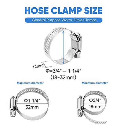 TICONN 20PCS Hose Clamp Set - 3/4''–1-1/4'' 304 Stainless Steel Worm Gear Hose Clamps for Pipe, Intercooler, Plumbing, Tube and Fuel Line - size: SAE #10 20PCS 3/4"~1-1/4"