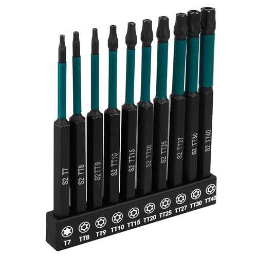 10-Piece Impact Security Torx Bit Set, 100mm Long S2 Steel Star Driver Kit (T7-T40), Mixed Solid & Tamper-Proof Bits with 1/4" Hex Shank, Magnetic High-Torque Bits for Auto & Electronics - size: 10 Pieces