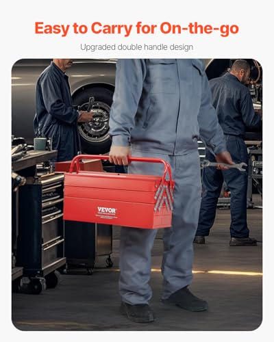 VEVOR Metal Tool Box, 18-inch, 3-Tier 5-Tray Portable Folding Tool Chest Organizer with Handle & Lock Hole, Powder Coated Steel, Cantilever Toolbox for Household Factory Warehouse Repair Shop, Red - style: 3 Tier-5 Tray