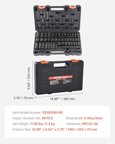 VEVOR Impact Socket Set 3/8" Drive, 48-Piece Standard SAE (5/16 to 3/4 inch) & Metric (8 to 22 mm) Size, Deep & Shallow, 6 Point, CR-V, Extension Bar, Universal Joint, 1/2" F to 3/8" M Reducer - style: 3/8" 48PCS