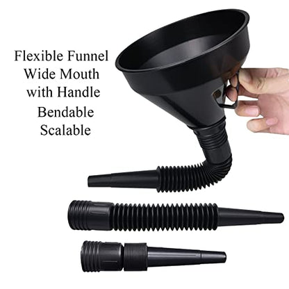 Flex Funnel - Wide Mouth Flexible Funnel with Handle, Multi-Functional Large Plastic Automotive Funnels for Cars and Motorcycles, Engine Oil, Liquid, Diesel, Kerosene,Gasoline (2pcs x 5.2" Black)