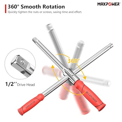 MAXPOWER Lug Wrench, Tire Wrench With 1/2-Inch Drive and 2PCS Standard Sockets (17 mm/19 mm, 21 mm/23 mm), Detachable Rapid Cross Lug Nut Wrench With Storage Box