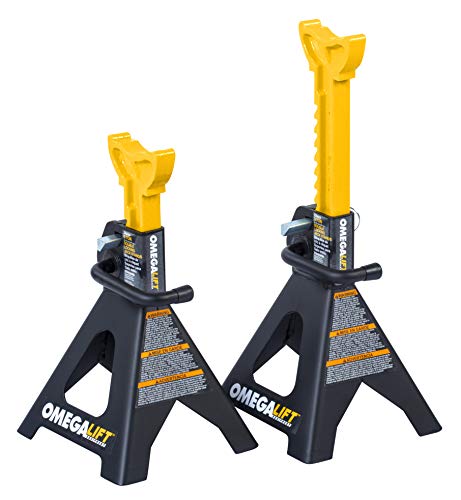 32038 3 Ton Jack Stands Pair - Heavy Duty Double Locking Pins - Handle Lock and Mobility Pin for Auto Repair Shop, Black/Yellow - size: 3-Ton